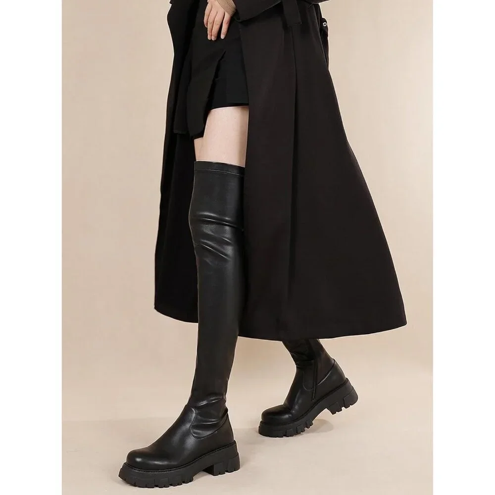 Black Thigh High Boots Women Over The Knee Chunky Heel Rubber Sole